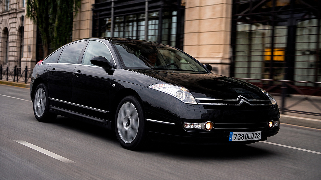 Carro Citroën preto em movimento numa rua urbana com edifícios clássicos ao fundo.