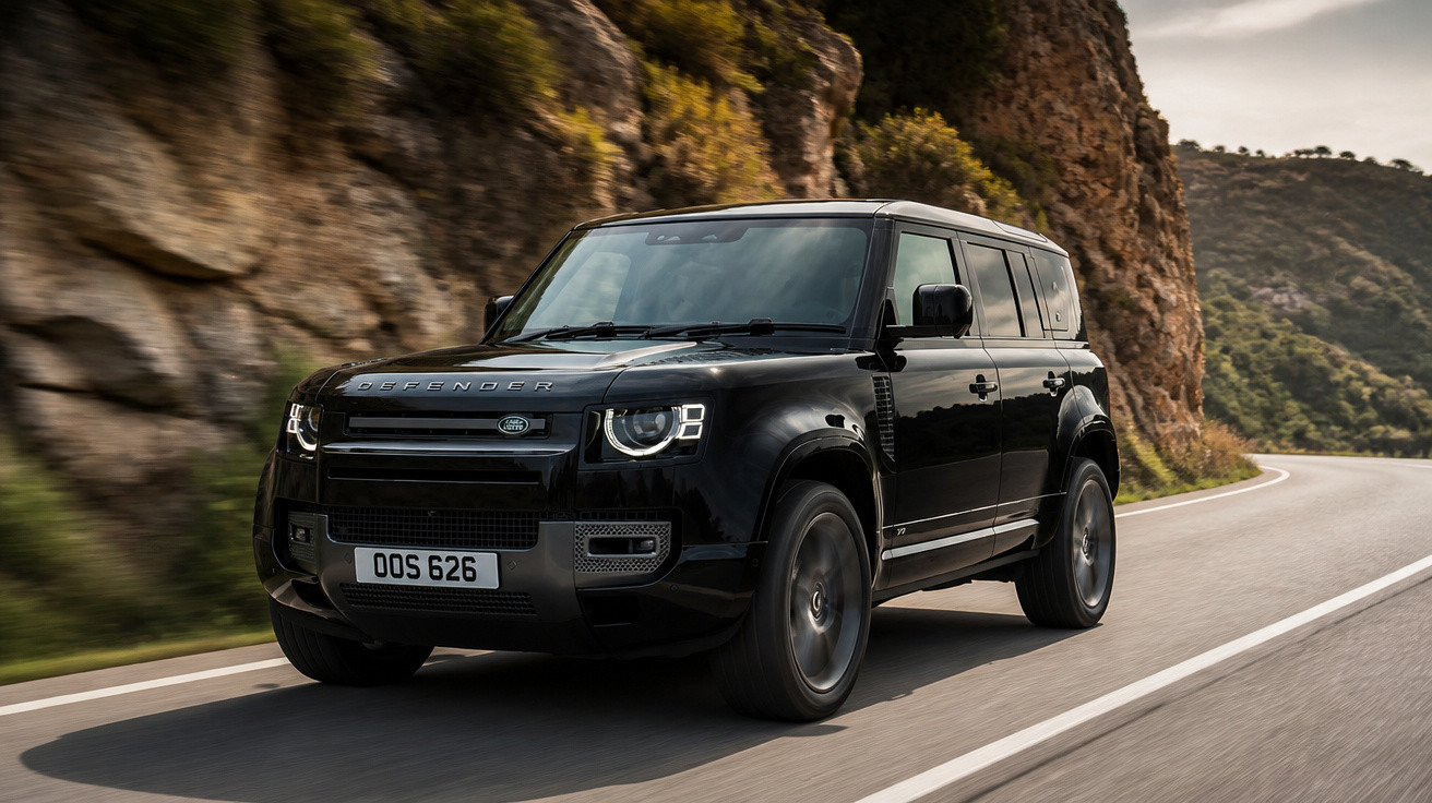 SUV Land Rover Defender preto em estrada sinuosa rodeada de rochas e árvores