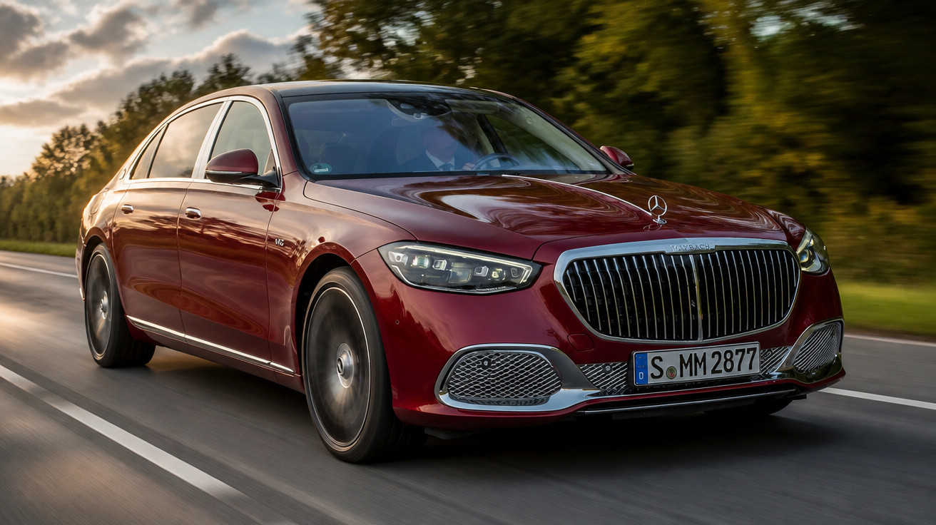 Carro de luxo vermelho Mercedes-Maybach a circular numa estrada com árvores ao fundo e céu nublado.