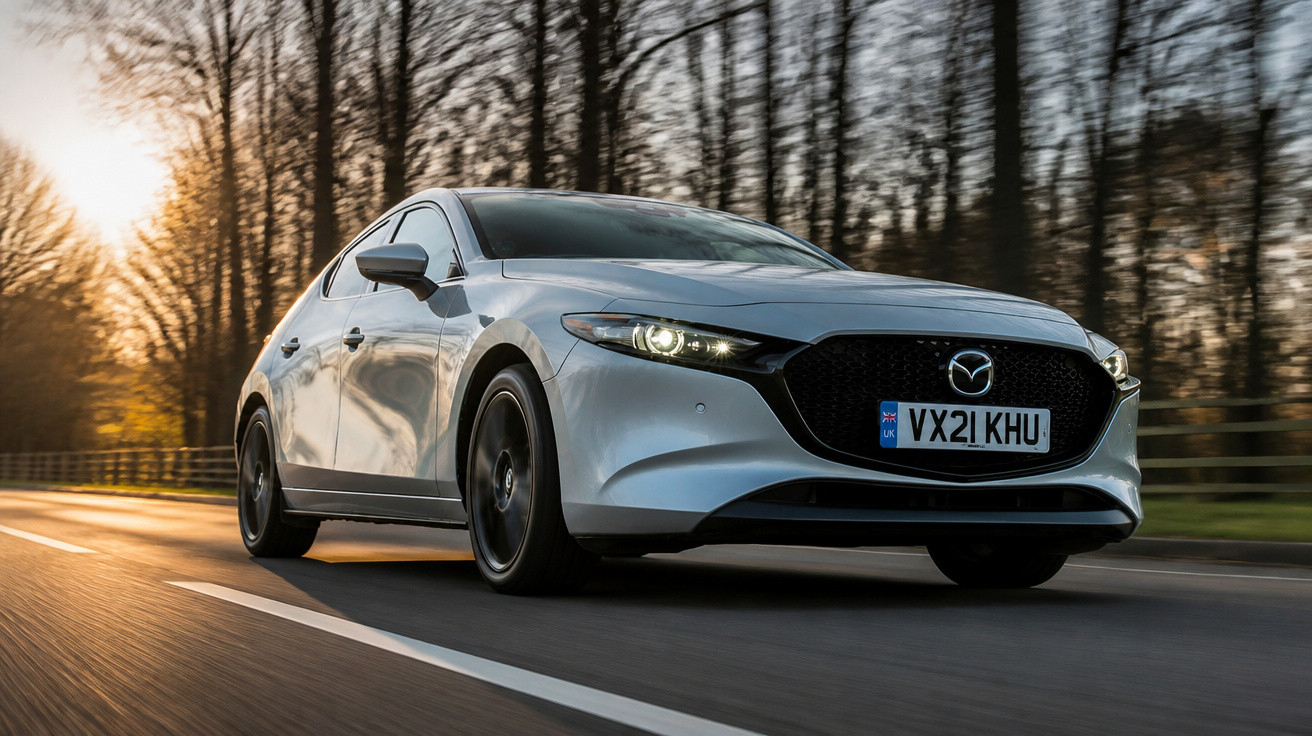 Carro cinzento Mazda a circular numa estrada ladeada por árvores ao pôr do sol.