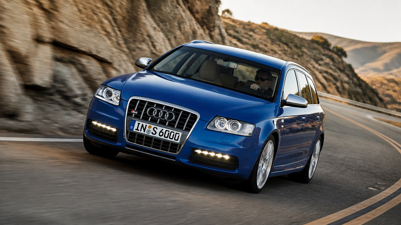 Carro azul Audi S6 Avant a conduzir numa estrada sinuosa junto a um rochedo.