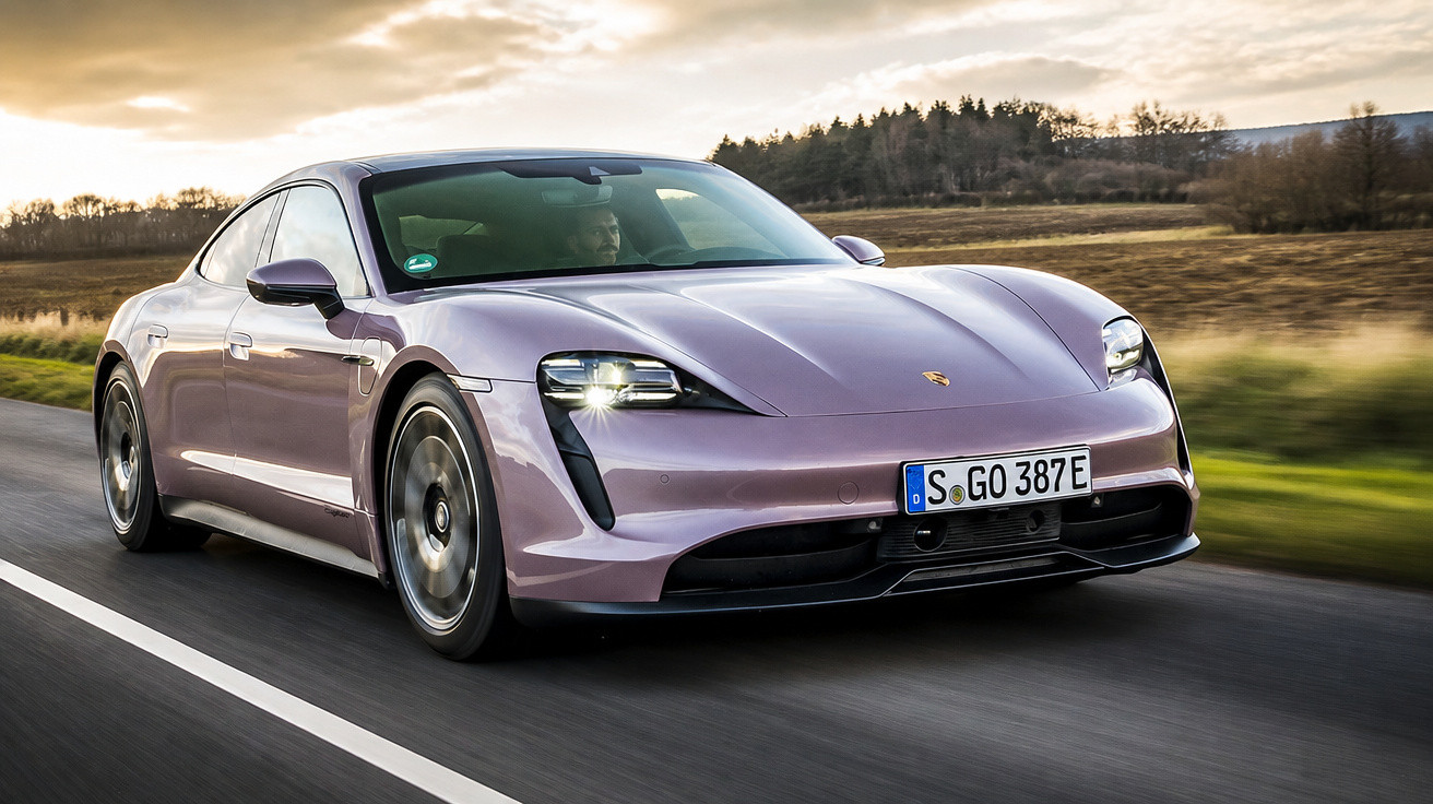 Carro desportivo elétrico Porsche Taycan cor roxa a circular numa estrada rural ao entardecer.