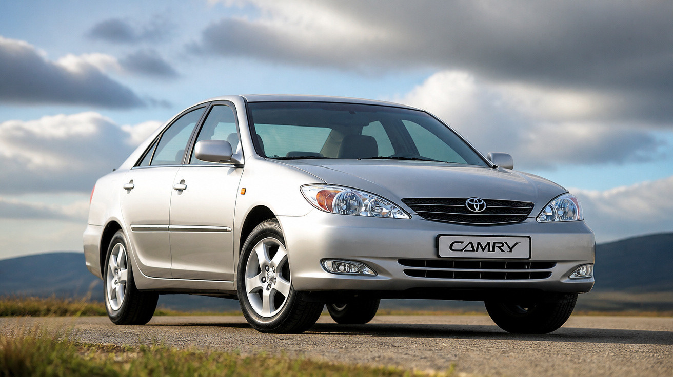 Toyota Camry prateado estacionado numa estrada com colinas desfocadas e céu nublado ao fundo.