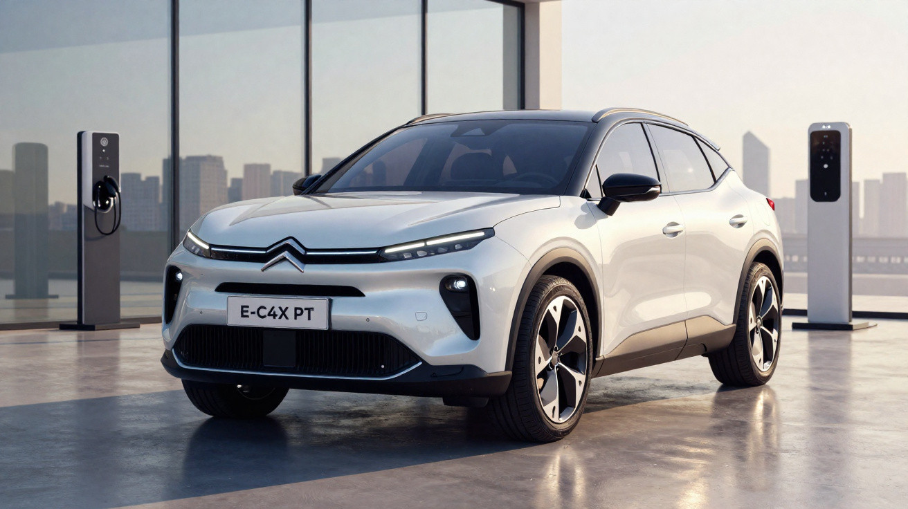 Carro elétrico Citroën E-C4 X branco a carregar numa estação de carregamento moderna.