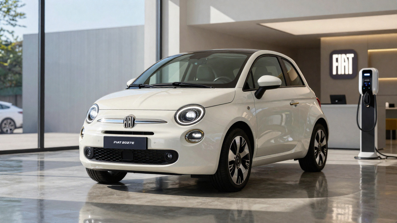 Carro elétrico Fiat 500 branco estacionado numa sala de exposição com posto de carregamento ao lado.
