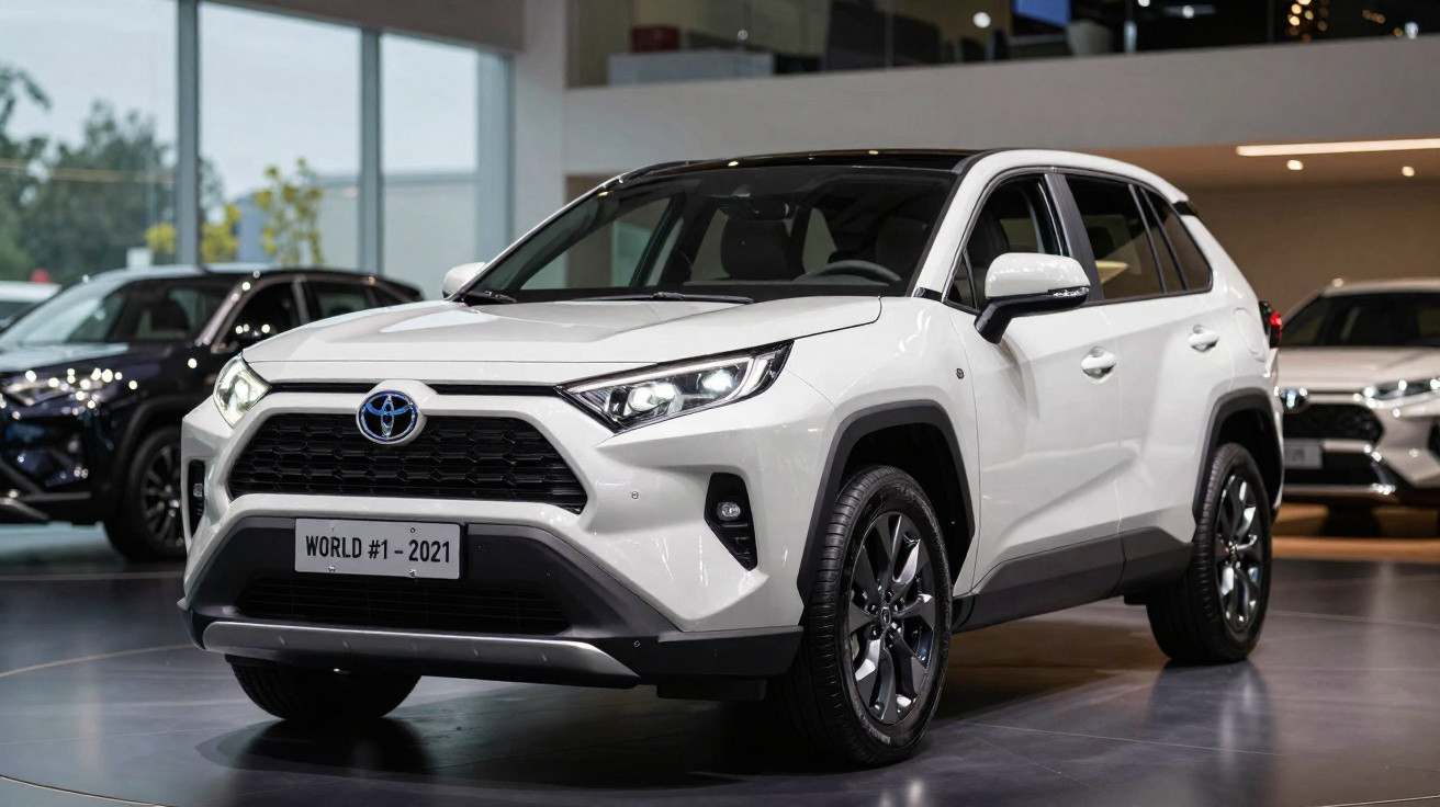 SUV Toyota branco em exposição numa sala de showroom moderna com painéis de vidro.