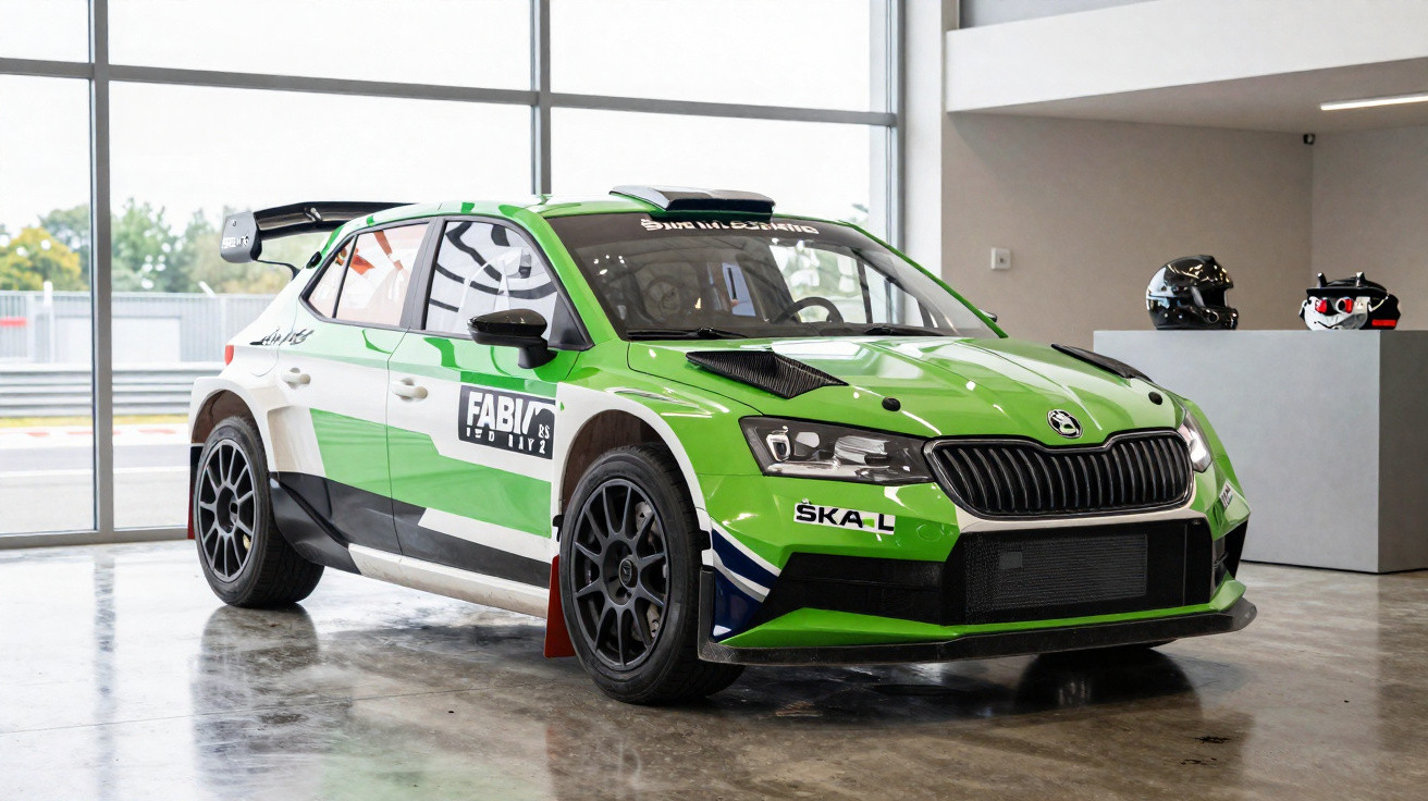 Carro de rali verde e branco Škoda Fabia RS WRC estacionado dentro de garagem com capacetes ao fundo.