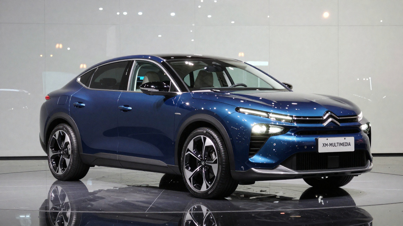 Carro Citroën azul metálico estacionado em piso refletor, com design moderno e faróis acesos.