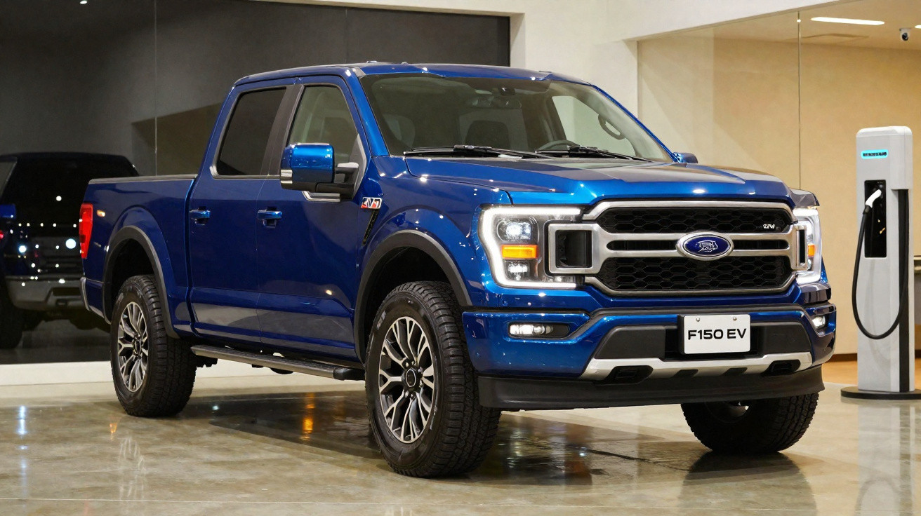 Pick-up Ford F150 EV azul estacionada junto a um posto de carregamento elétrico interior.