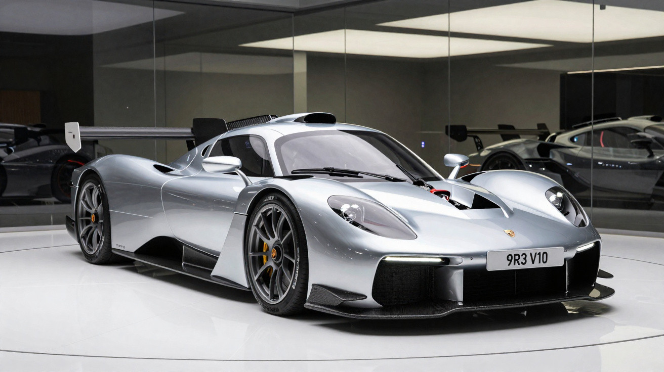 Carro desportivo prateado Porsche 9R3 V10 numa sala com grandes espelhos nas paredes.