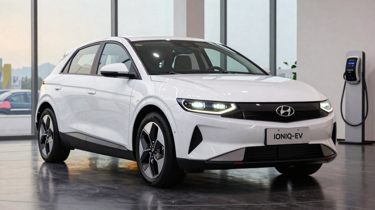 Carro elétrico Hyundai Ioniq-EV branco estacionado interiormente junto a posto de carregamento.