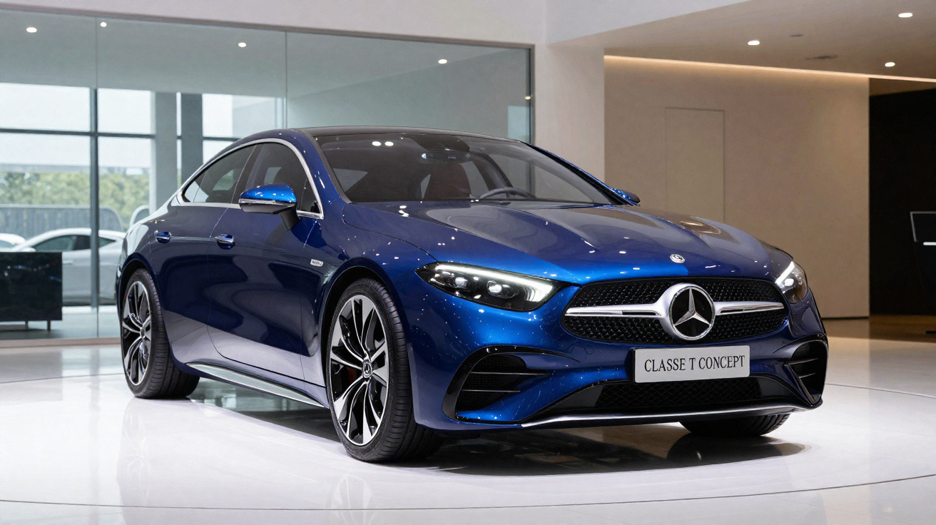 Carro azul Mercedes-Benz Classe T Concept exposto num salão moderno com chão branco e paredes claras.