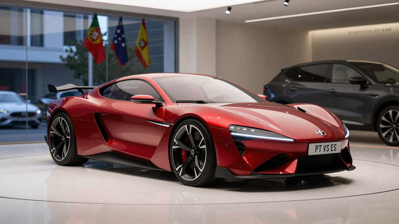 Carro desportivo vermelho brilhante exibido em salão moderno com bandeiras ao fundo.