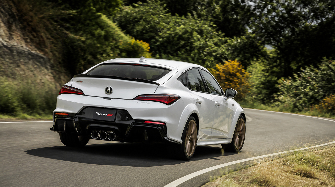 Carro desportivo branco Acura Type S a circular numa estrada sinuosa rodeada de vegetação.