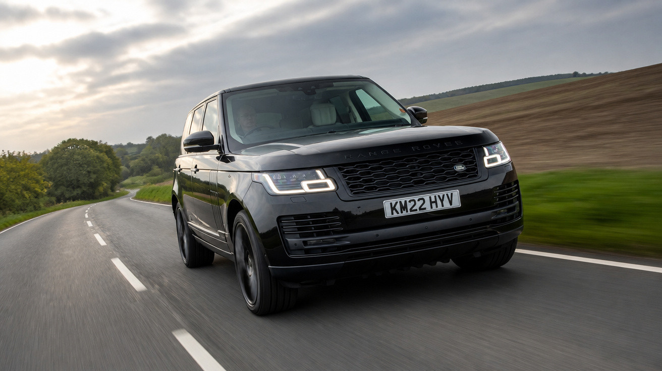 SUV Range Rover preto a circular numa estrada sinuosa em zona rural com céu nublado.
