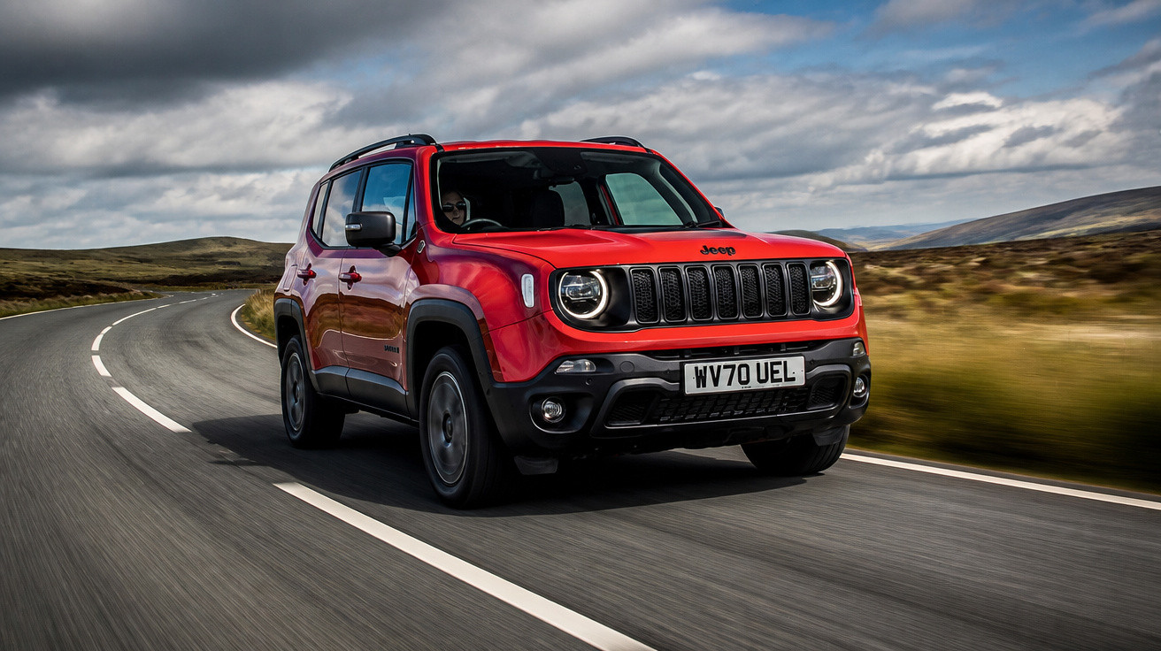 Jeep vermelho a circular numa estrada sinuosa rodeada por campo e céu nublado.