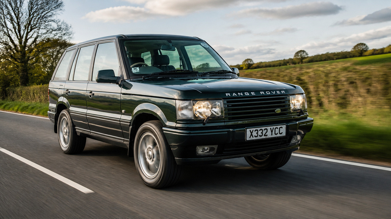 Carro Range Rover preto em estrada rural com árvores e relva ao fundo.