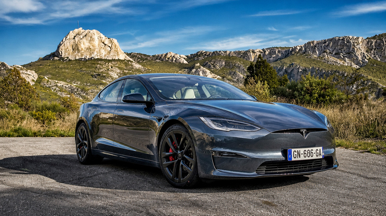 Carro elétrico Tesla Model S cinzento estacionado numa estrada com montanhas ao fundo e céu azul com nuvens.