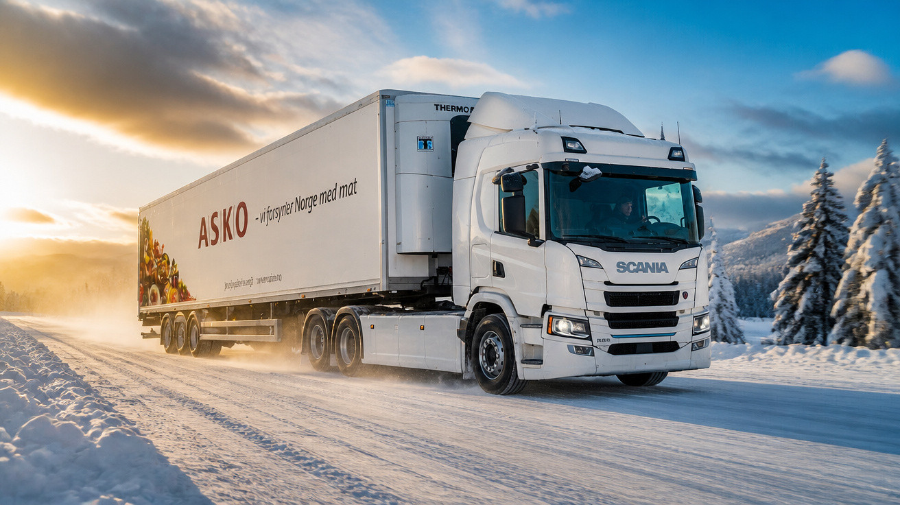 Camião de transporte frigorífico branco ASKO a conduzir numa estrada coberta de neve durante o pôr do sol.