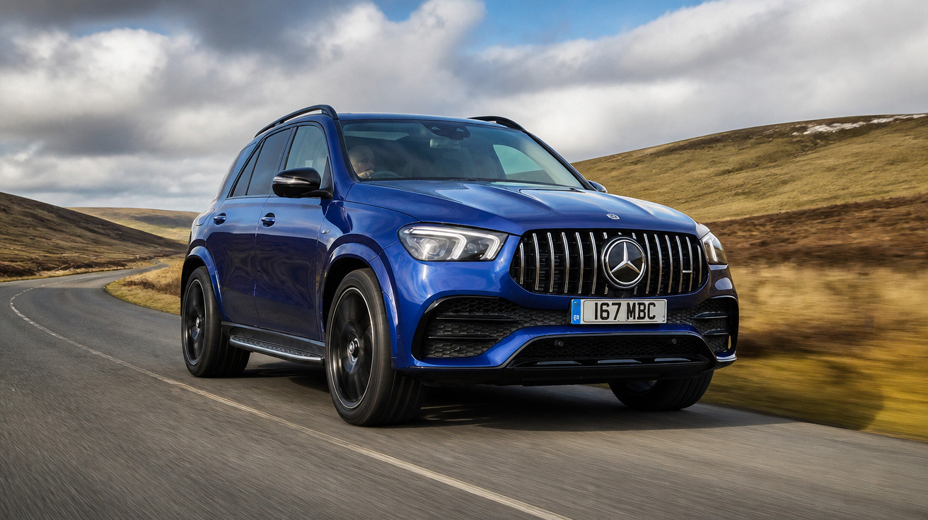 Automóvel Mercedes-Benz SUV azul a conduzir numa estrada sinuosa em zona rural com céu parcialmente nublado.