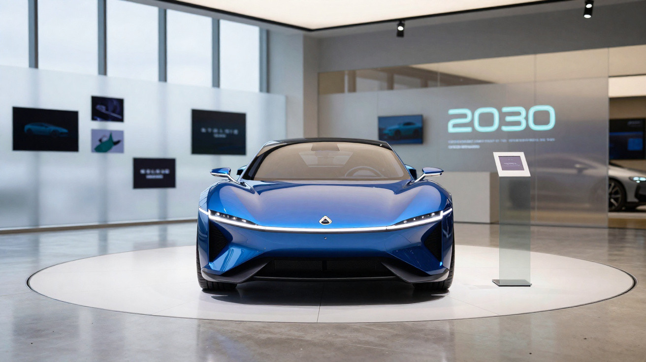 Carro desportivo azul elétrico futurista exposto num salão moderno com luz natural.