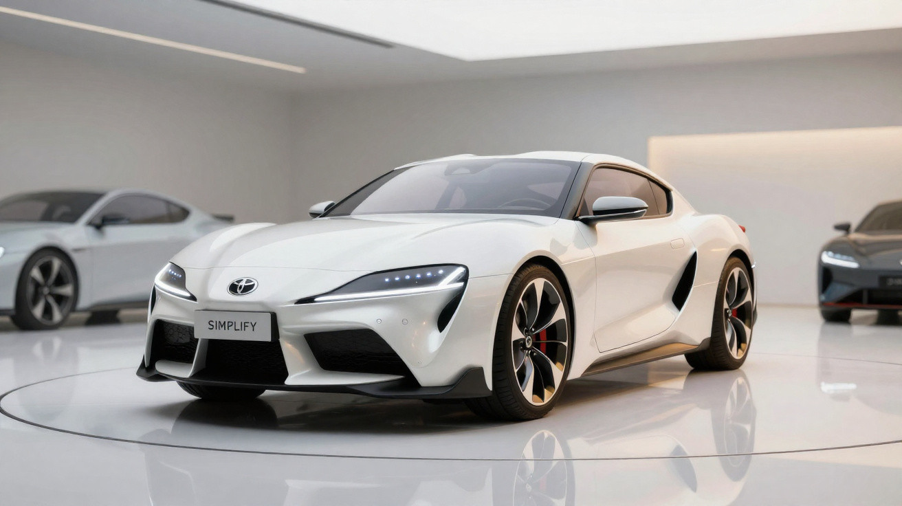 Carro desportivo branco Toyota Supra apresentado em exposição moderna com piso reflexivo.