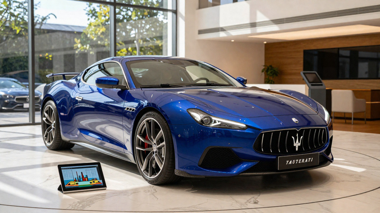Carro desportivo azul Maserati estacionado em showroom moderno com tablet ao lado no chão.