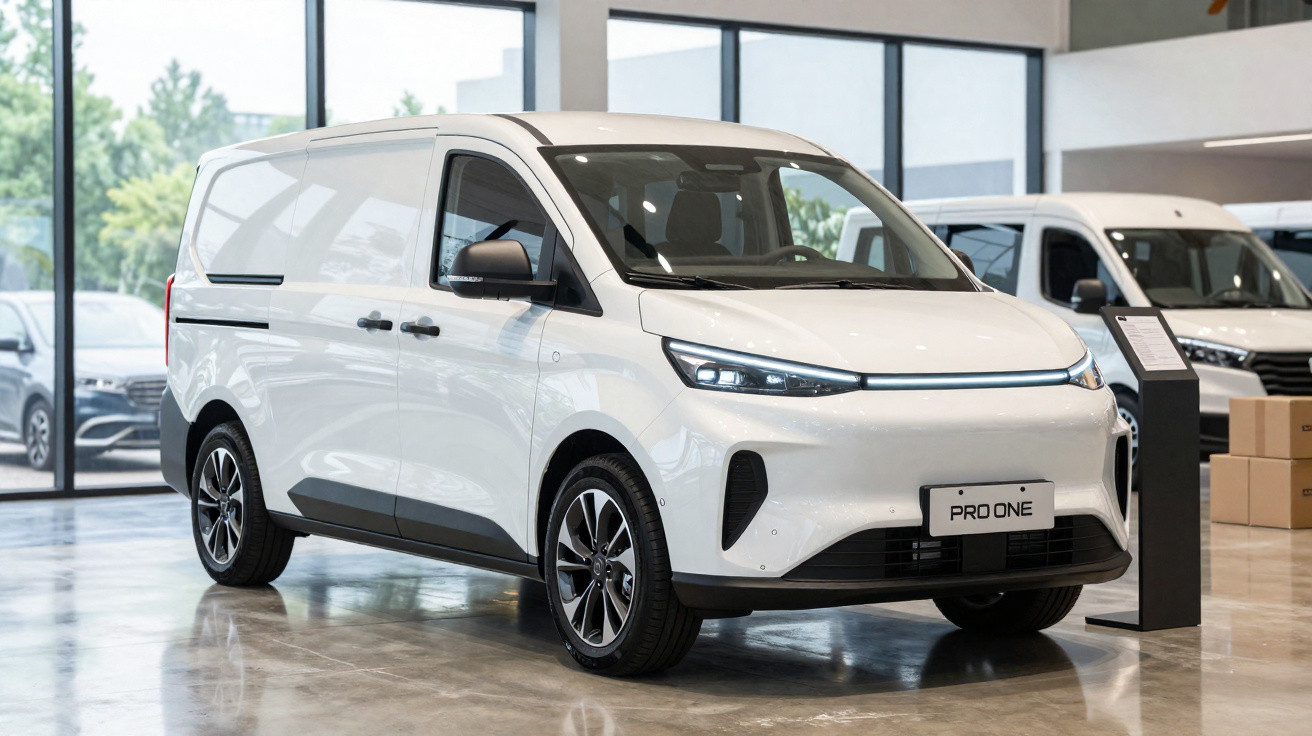 Carrinha de mercadorias elétrica branca modelo Pro One em exposição numa sala com janelas amplas.