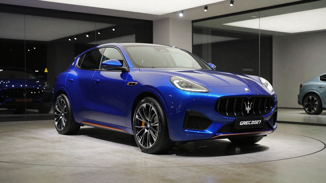 Carro desportivo azul Maserati Grecale 2027 em exposição numa sala moderna com espelhos.