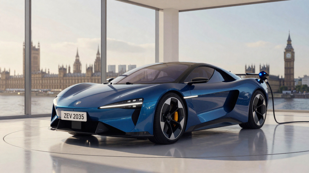 Carro desportivo elétrico azul a ser carregado em espaço moderno com vista para o rio e o Big Ben em Londres.