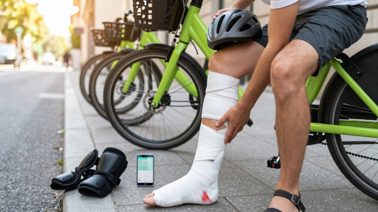 Pessoa sentada ao lado de bicicleta verde com perna imobilizada e curativos, segurando a perna lesionada.