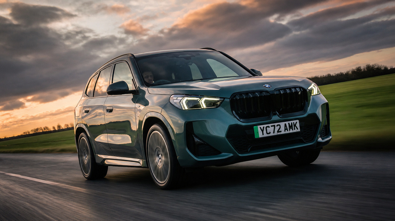 Carro BMW SUV em movimento numa estrada à beira de campos com céu nublado ao pôr do sol.
