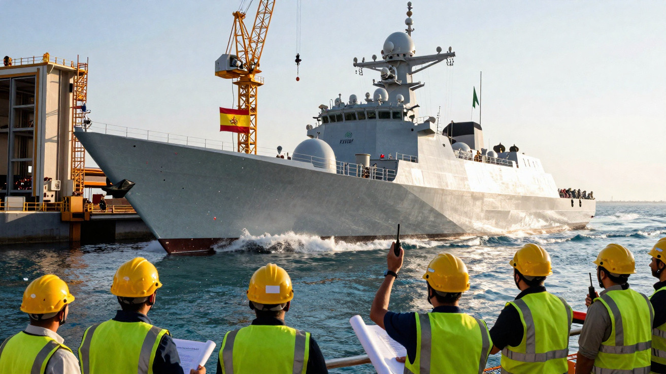 Homens de colete e capacete amarelo observam navio militar cinzento a navegar numa doca com grua e bandeira espanhola.