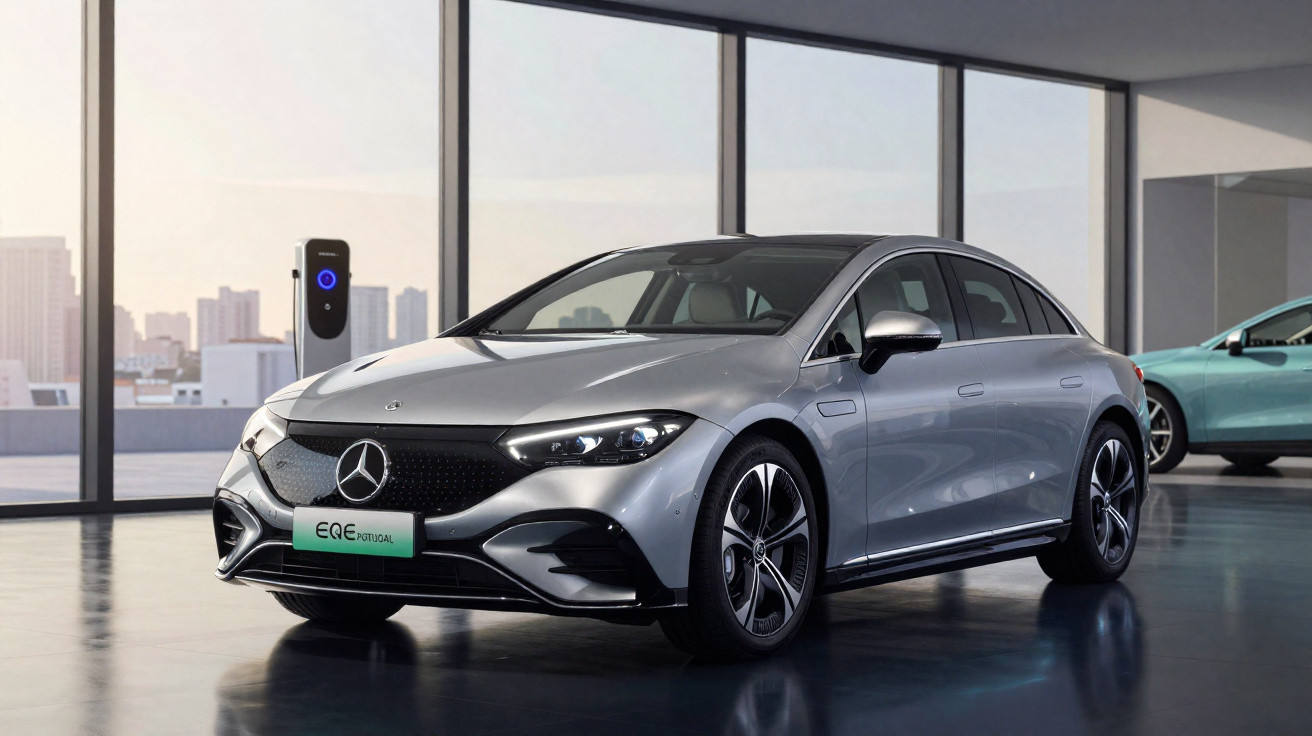 Carro elétrico Mercedes-Benz EQE cinza estacionado num showroom com carregador elétrico e outra viatura ao fundo.