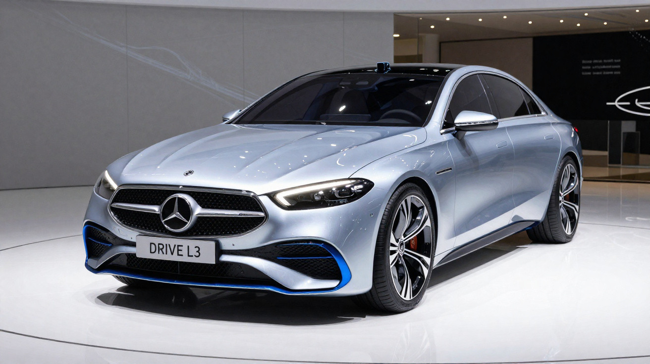 Carro elétrico Mercedes-Benz Drive L3 prata exposto num salão automóvel moderno.