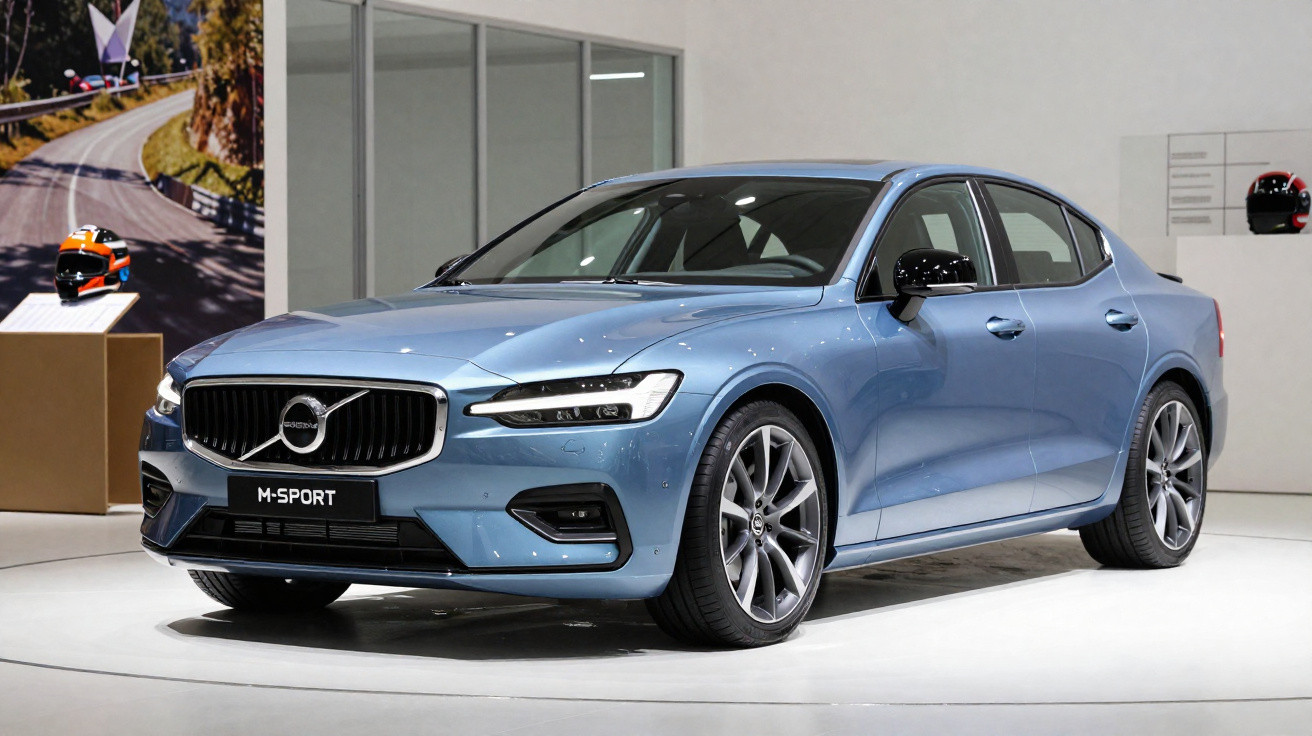 Carro sedan Volvo azul claro modelo M-Sport exibido numa sala de exposição moderna.