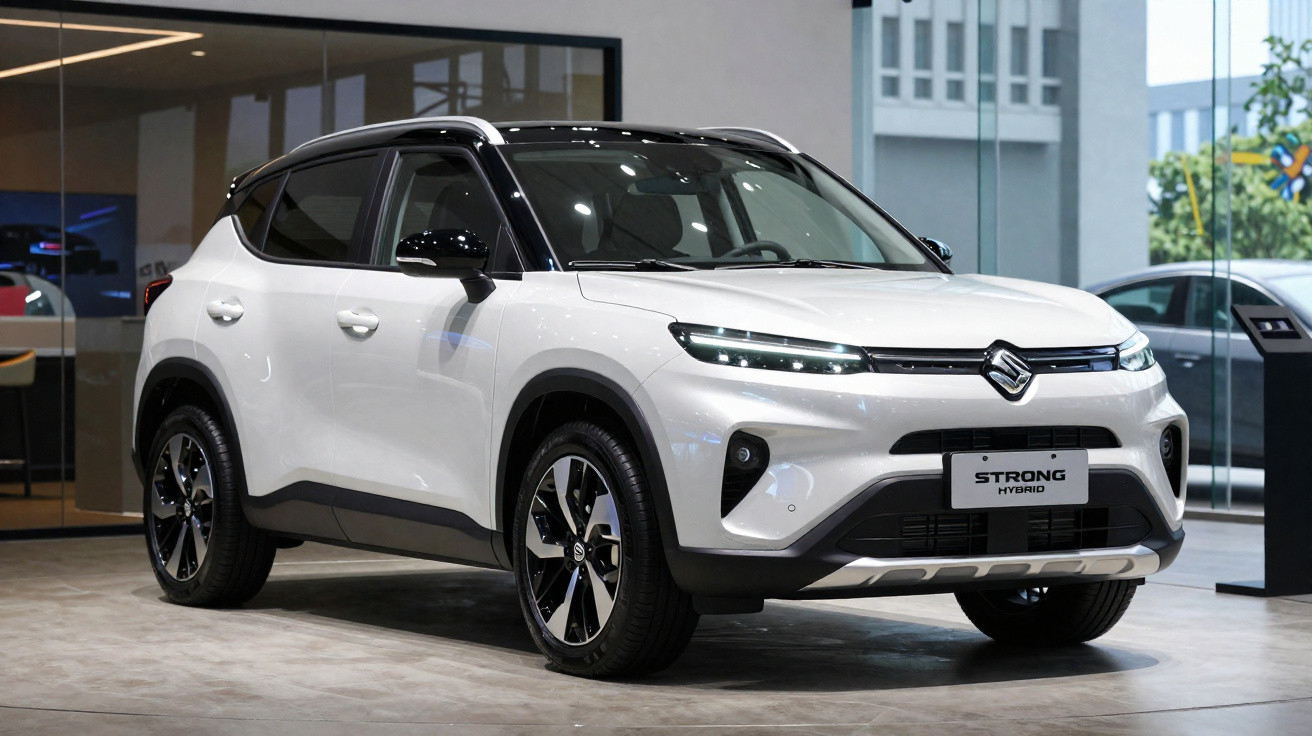 SUV branco Strong Hybrid estacionado em showroom moderno com vidro e luz natural.