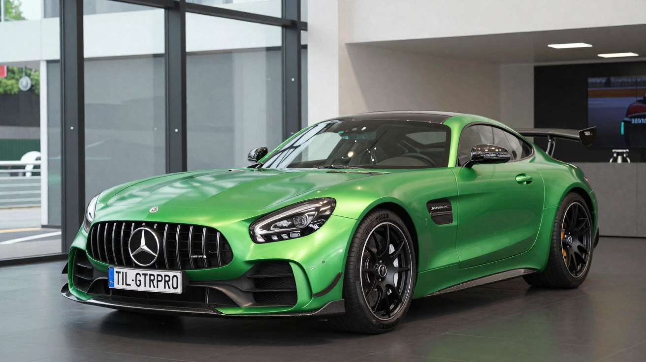 Carro desportivo Mercedes-Benz AMG GT verde com detalhes em preto em exposição interior moderna.
