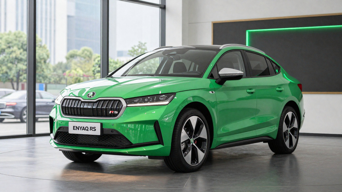Carro elétrico Škoda Enyaq RS verde exposto num showroom moderno com paredes claras e grandes janelas.