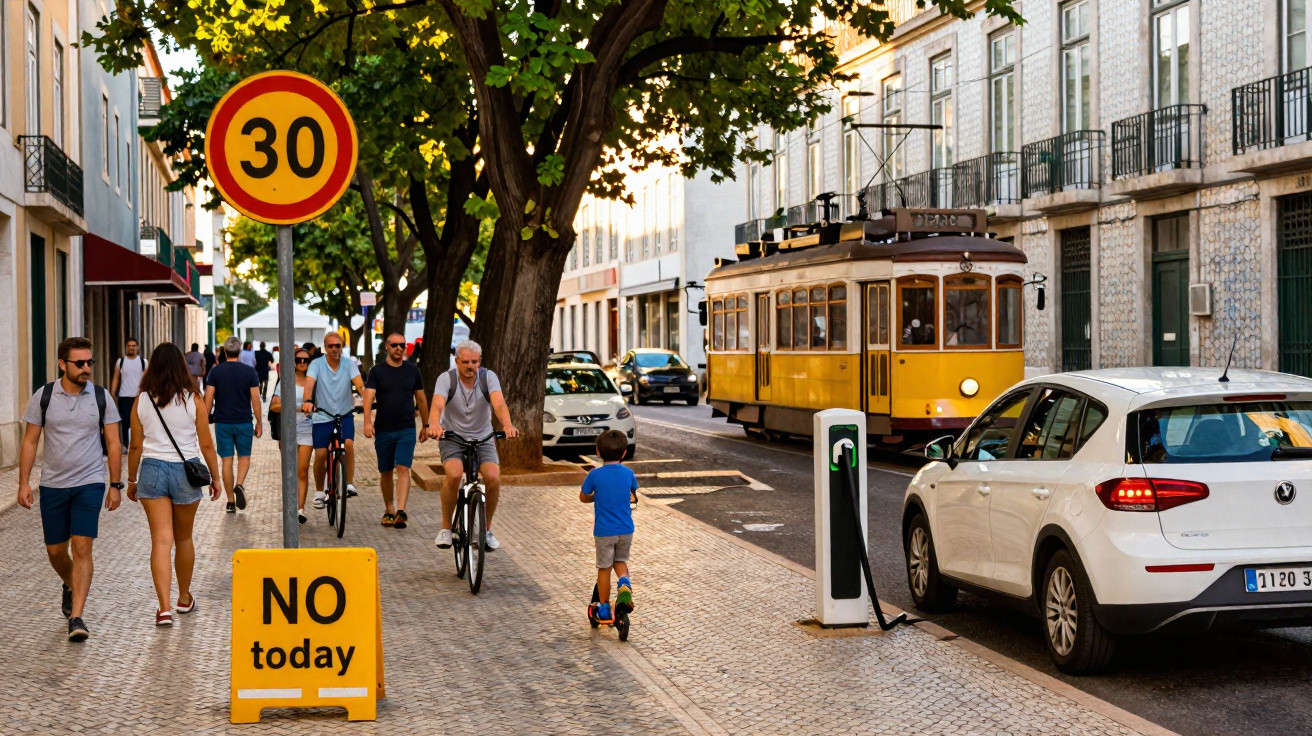 Rua urbana com elétrico amarelo, carros, ciclistas e peões num dia ensolarado, sinal de velocidade 30.