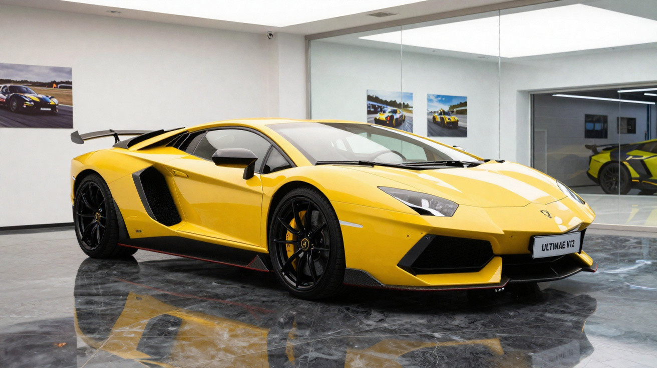 Carro desportivo amarelo brilhante estacionado numa garagem moderna com chão em mármore cinzento.