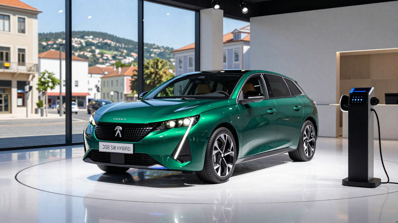 Peugeot 308 SW Hybrid verde em exposição interior com posto de carregamento elétrico ao lado.
