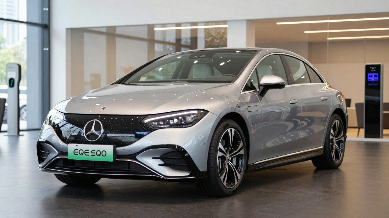 Automóvel elétrico Mercedes-Benz EQE 350 em cinza prateado, expositor interior moderno com carregador.