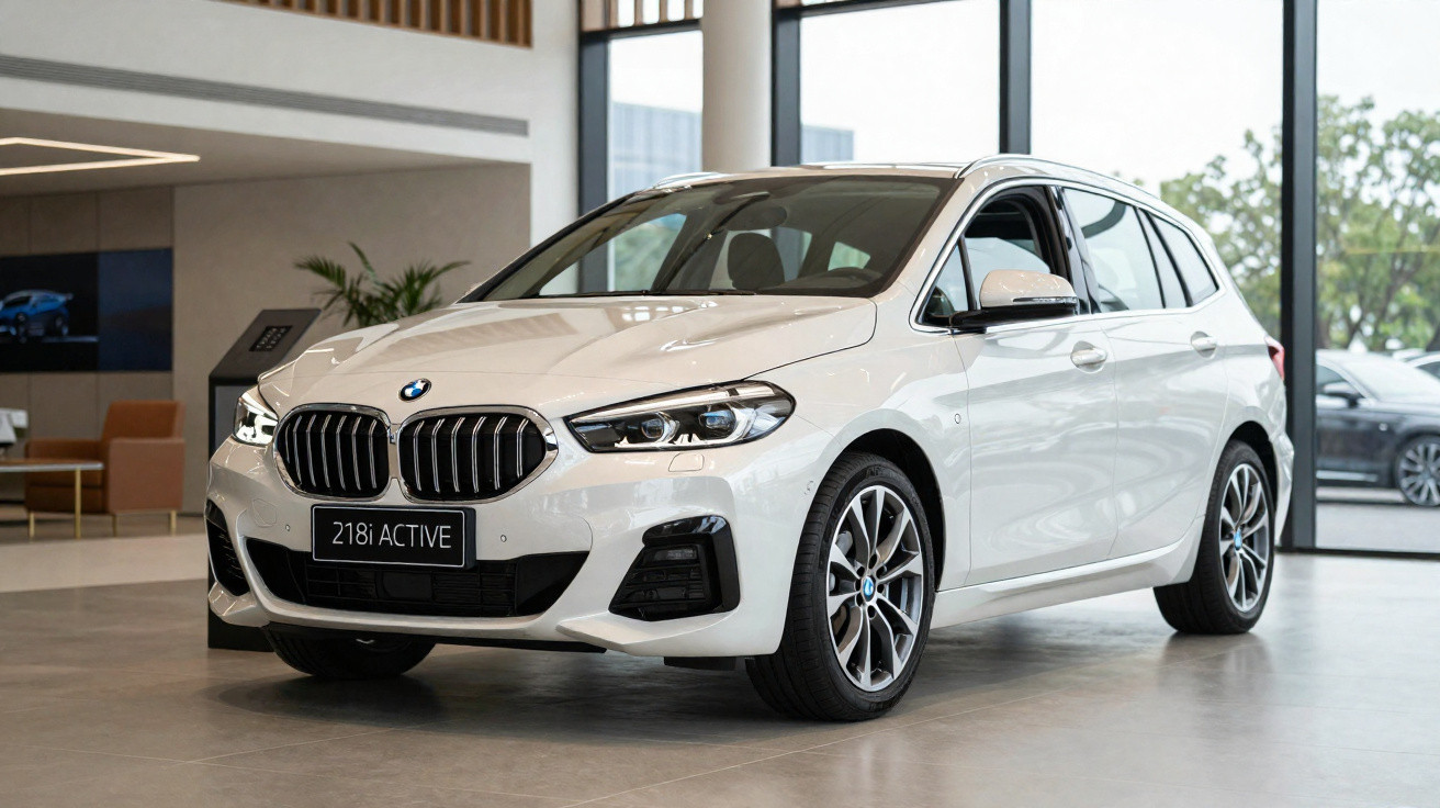 Carro BMW 218i Active branco exibido numa sala de exposição moderna com janelas largas.