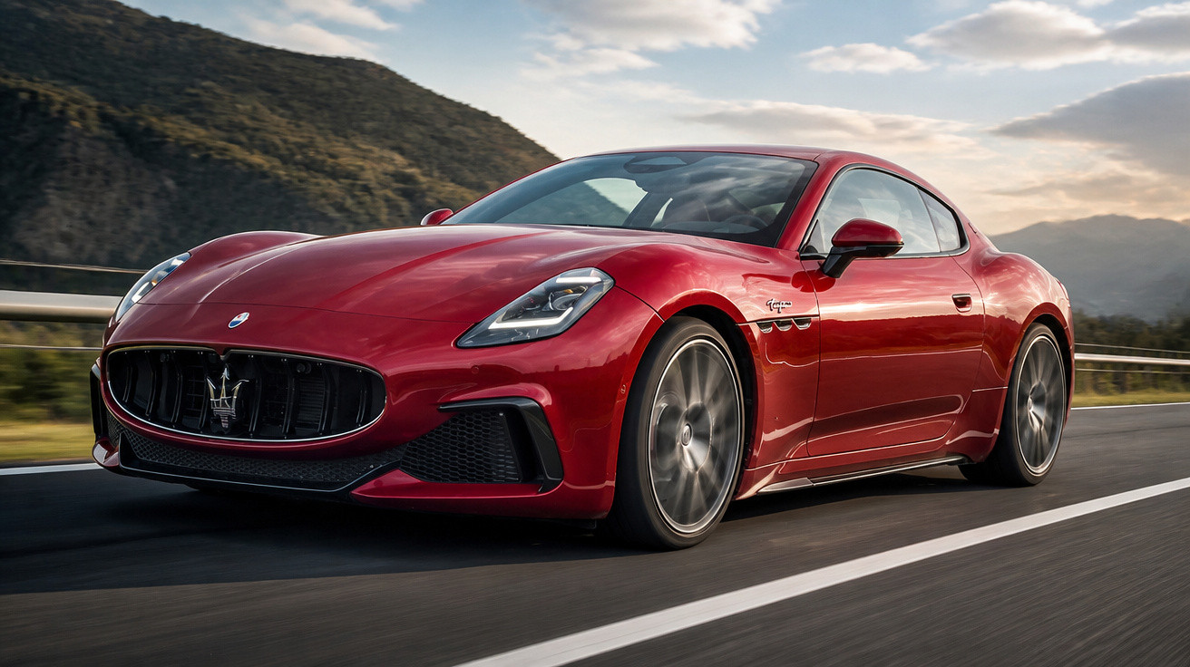 Carro desportivo Maserati vermelho a circular numa estrada com montanhas ao fundo.