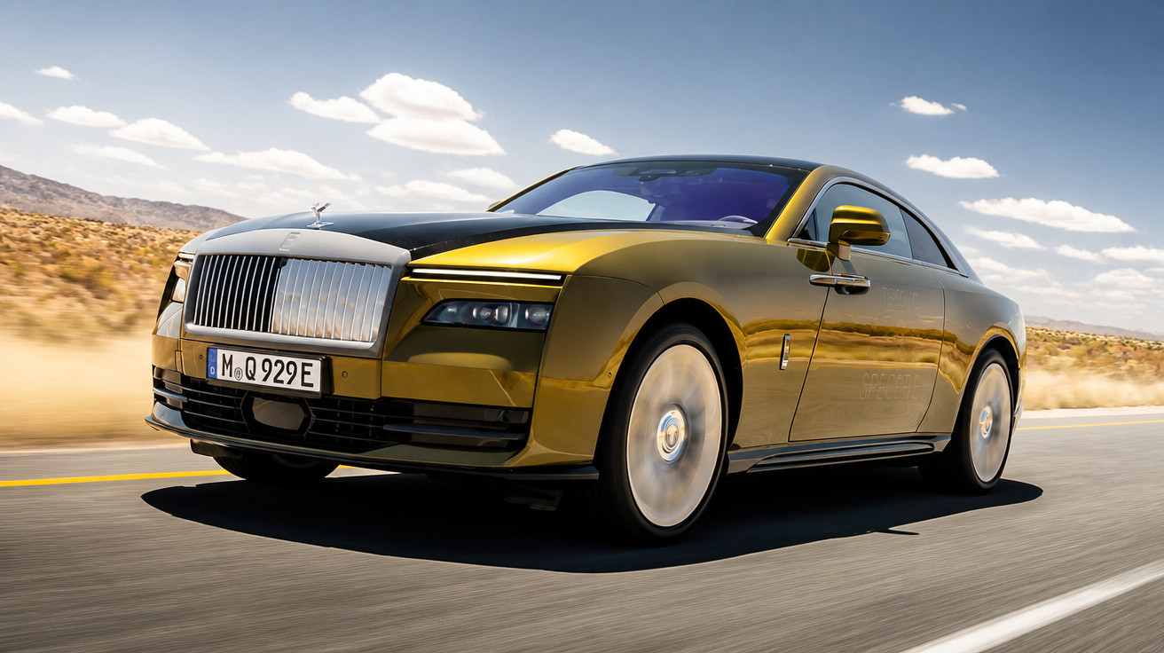 Carro Rolls-Royce Wraith dourado a circular numa estrada deserta sob céu azul com nuvens.