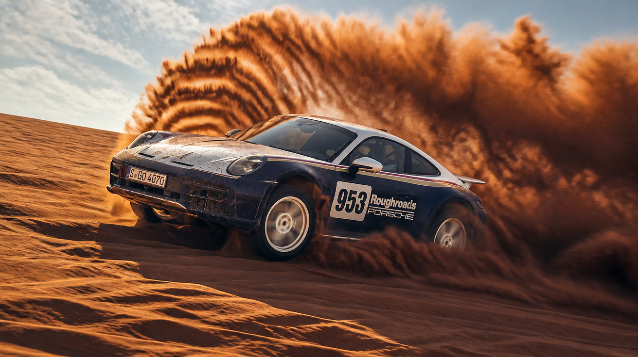 Carro de ralis Porsche 953 a derrapar e levantar areia numa paisagem desértica ao pôr do sol.