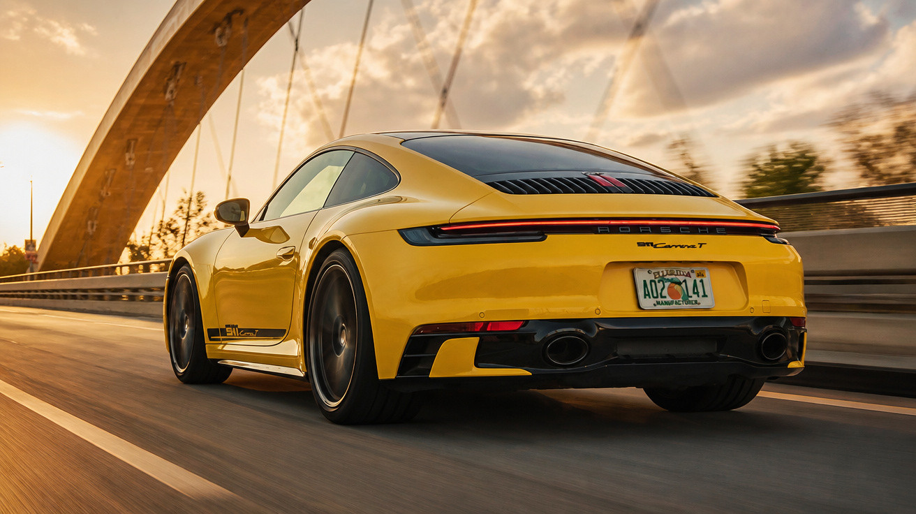 Carro desportivo amarelo Porsche 911 Carrera T a circular numa estrada sob uma ponte ao pôr do sol.