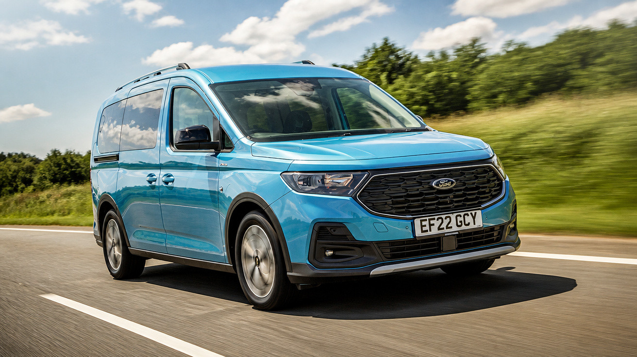 Carrinha azul Ford Transit em movimento numa estrada rural sob céu parcialmente nublado.