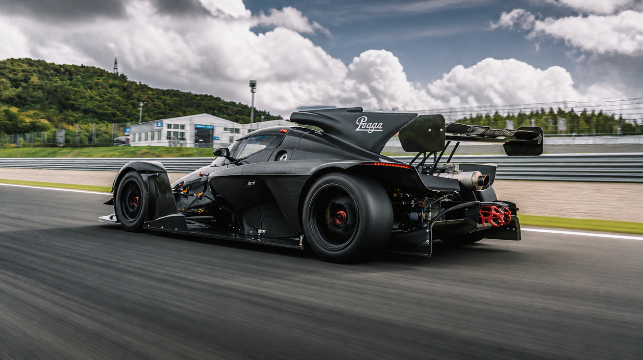 Carro de corrida preto a alta velocidade numa pista de circuito com fundo de árvores e edifício.